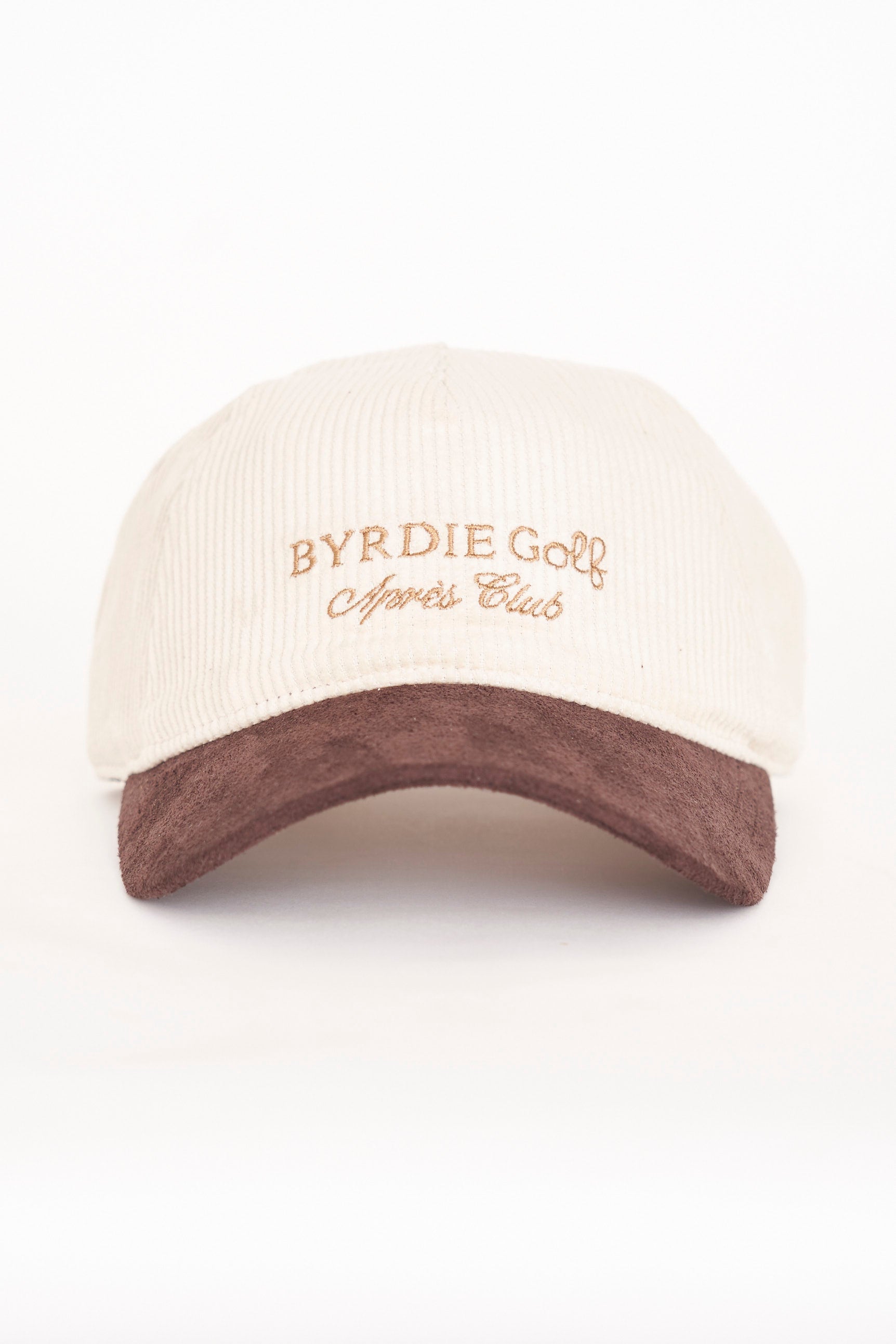 A beige and brown corduroy hat with 'BYRDIE GOLF Après Club' embroidered on the front.